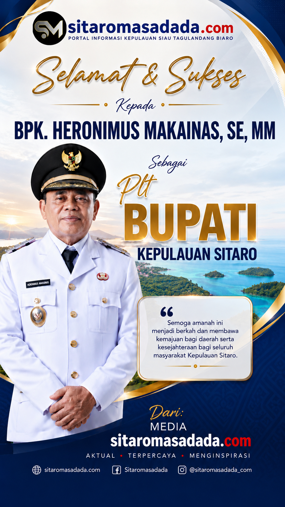 Banner ucapan selamat Heronimus Makainas sebagai Plt Bupati Kepulauan Sitaro dari Media SitaroMasadada.com