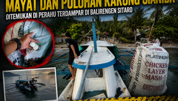 Heboh! Mayat Pria dan Puluhan Karung Sianida Ditemukan di Perahu yang Terdampar di Perairan Balirangen Sitaro